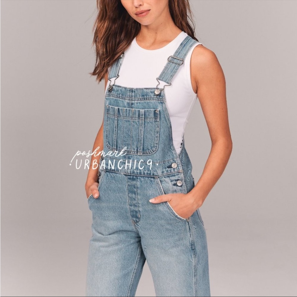 ABERCROMBIE High Rise Denim Jean Overalls Vintage Distressed Light Blue size L